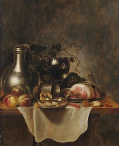 Naturaleza muerta con jarra de peltre, copa roemer y jamón de Cornelis Cruys